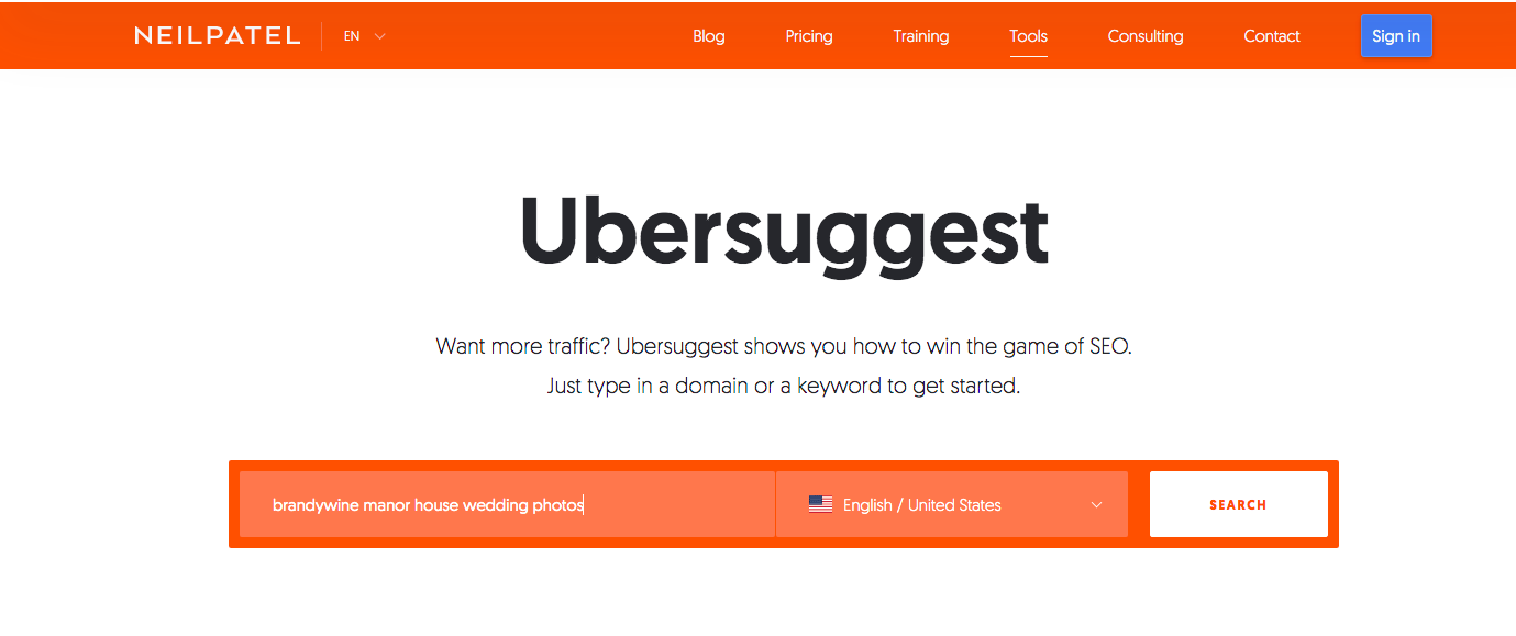 Ubersuggest search bar with SEO keyword entered