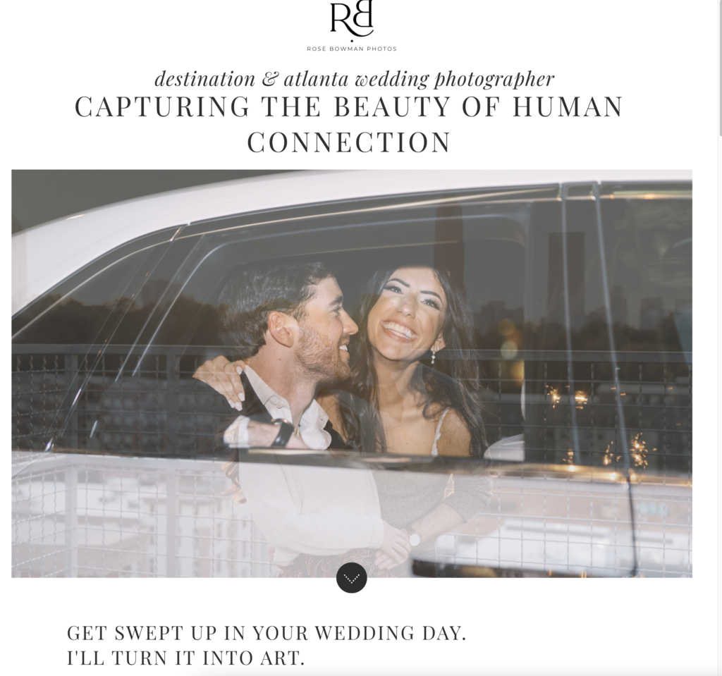 A wedding photography website reads "capturing the beauty of human connection" above a photo of a couple in a car.
