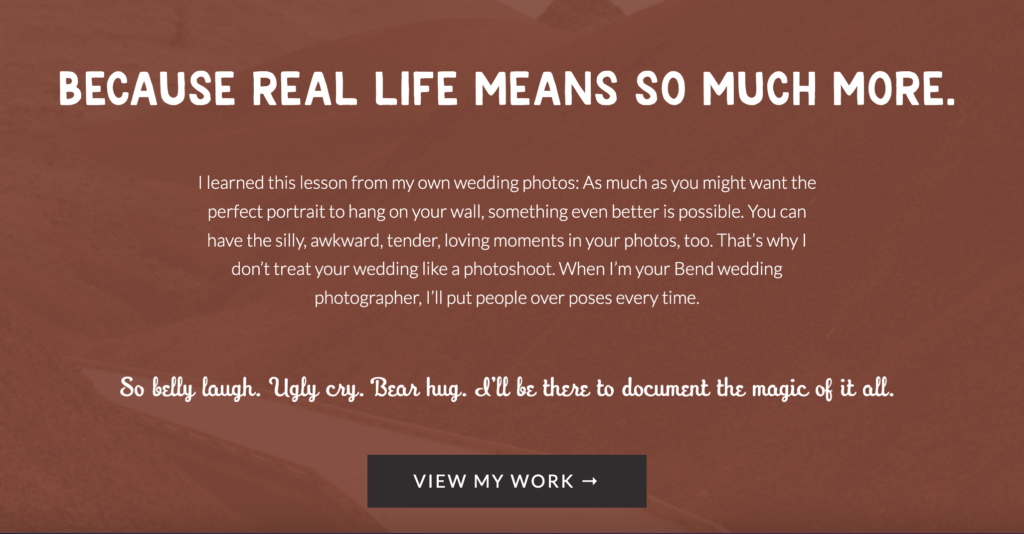 A wedding photographer's website includes a CTA to view her work.