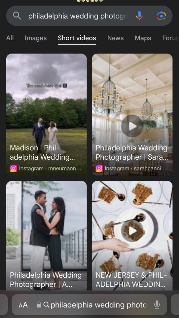 A screenshot shows search results for "Philadelphia wedding photographer" in Google Short Videos.