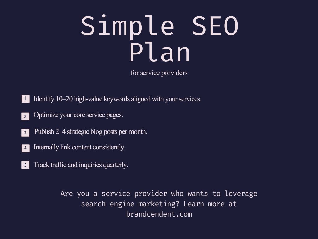 A chart shows the steps of a simple plan for SEO for service providers.